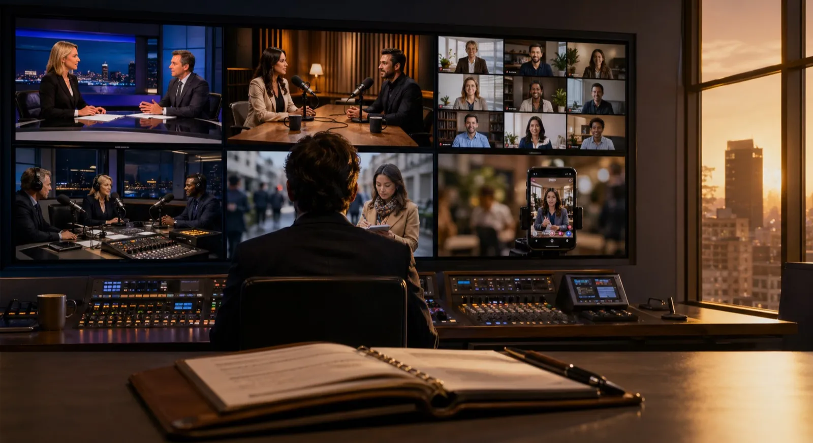 Production control room operator monitors multiple live broadcast feeds and remote participants simultaneously.