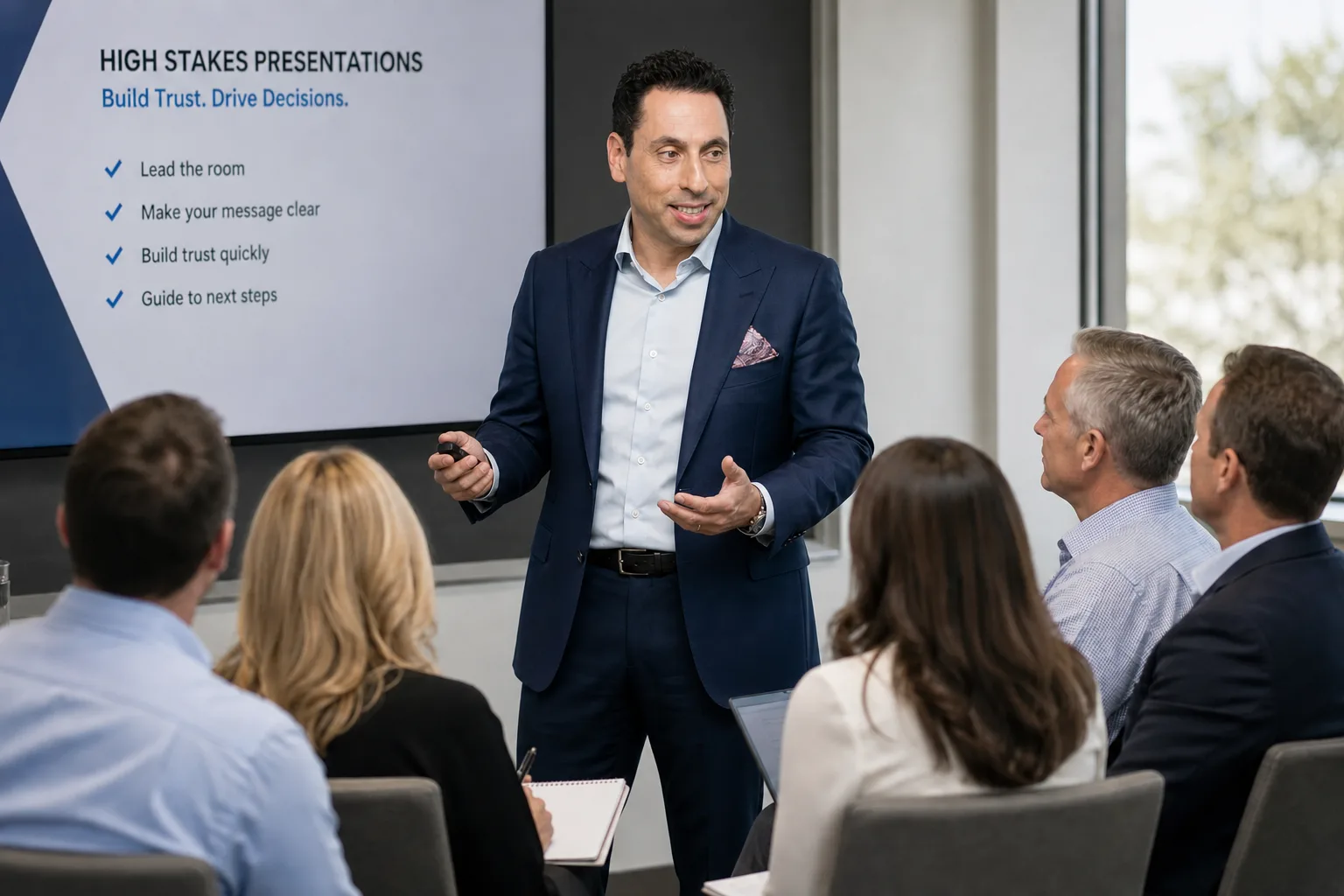 Executive communication coach Jess Todtfeld speaking to a room of executives during a high-stakes presentation training session