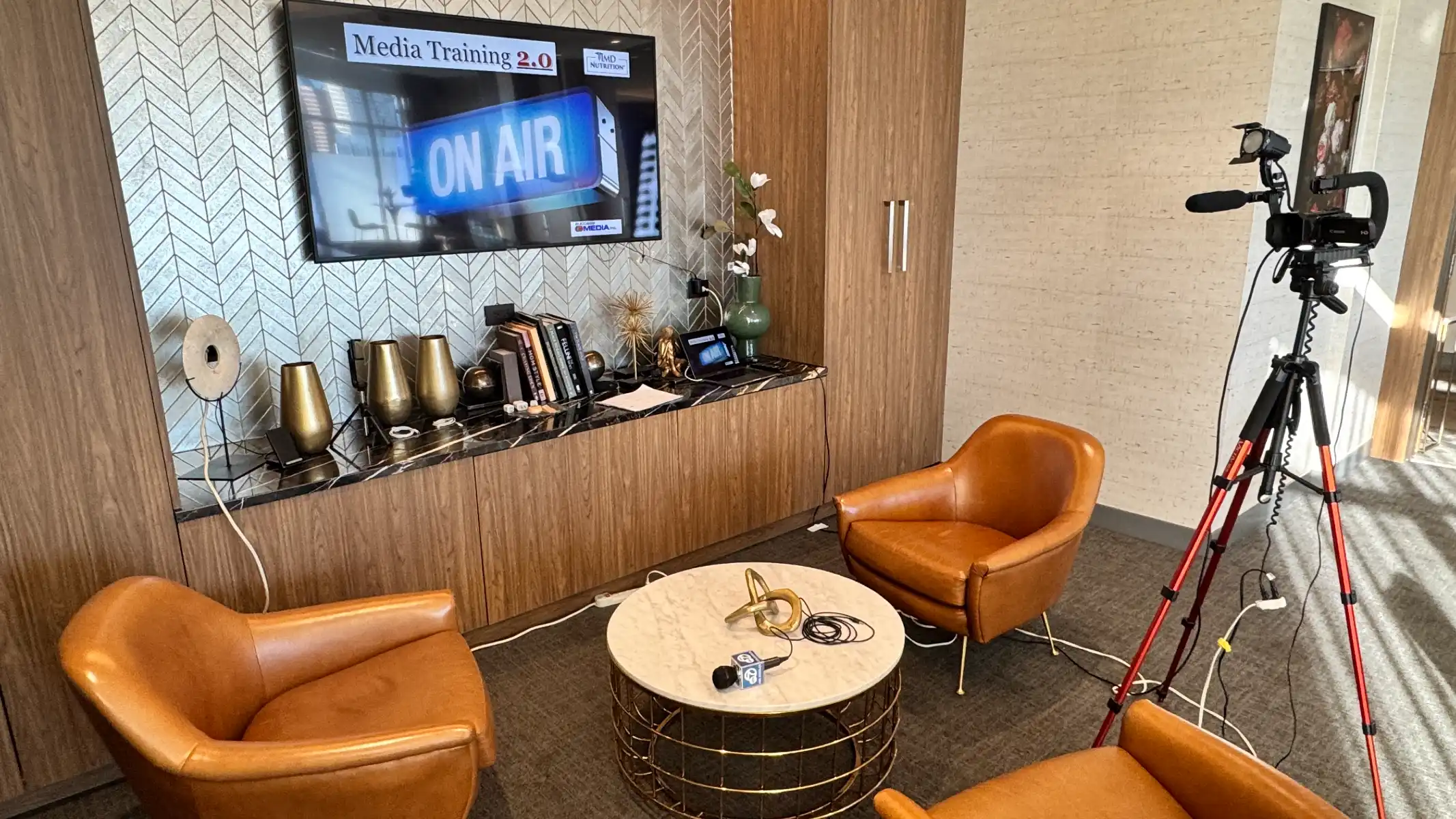 Media training studio space in Los Angeles set up for on-camera practice