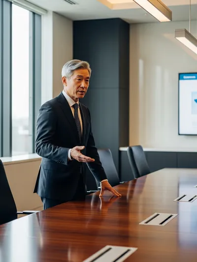 A senior executive prepares to speak in a glass-walled boardroom with a focused, human expression