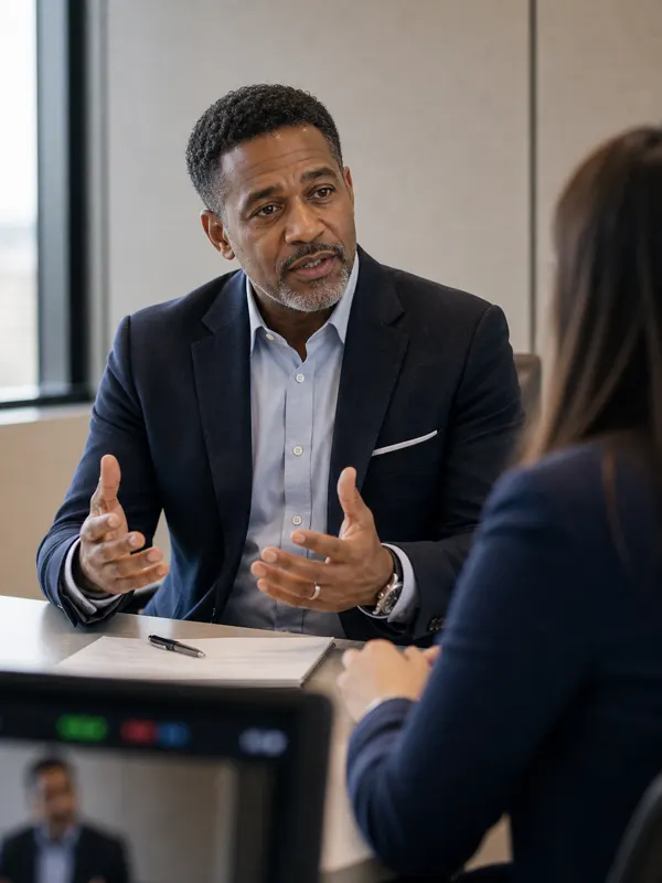 A physician receiving one-on-one coaching feedback after a recorded presentation practice round