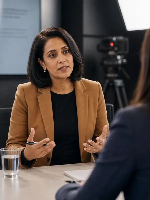An executive in a studio learning to control their voice on camera