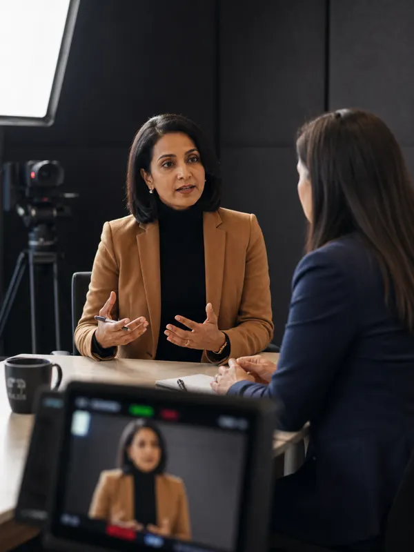Executive being coached in a studio before a television interview