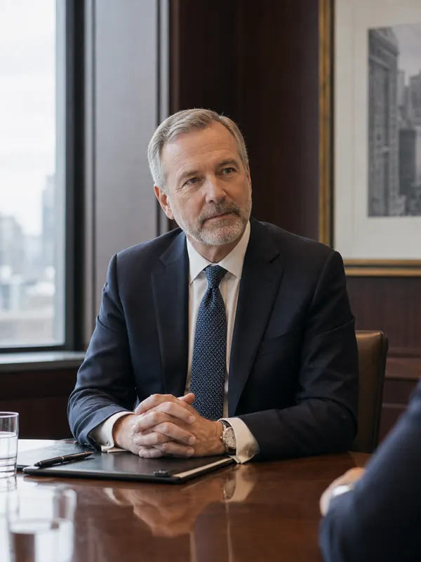 Senior insurance executive preparing for an on-camera media interview in a boardroom