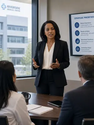 Healthcare expert rehearsing an accessible explanation of her work for a media interview