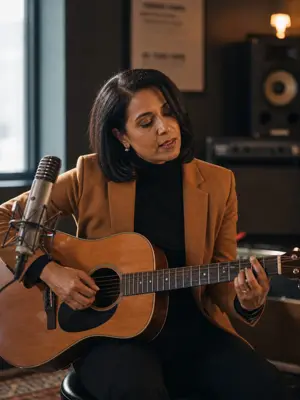 Musician with guitar in a studio, the set list method professional performers use applies directly to speakers