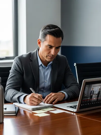 An executive reviews playback of his own training rep on a laptop, focused and analytical, taking notes beside the screen