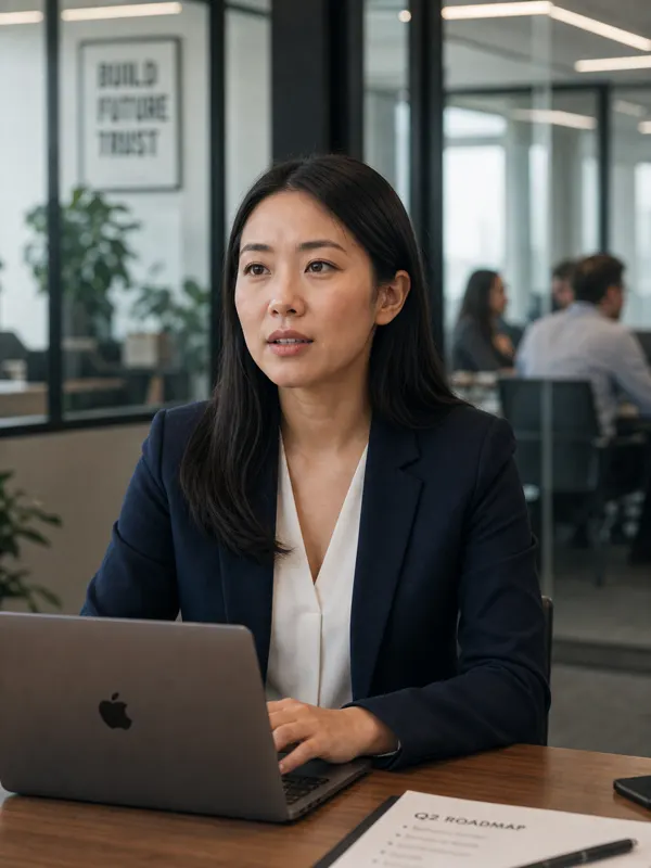 A rising insurance executive reviewing her notes before presenting to senior leadership