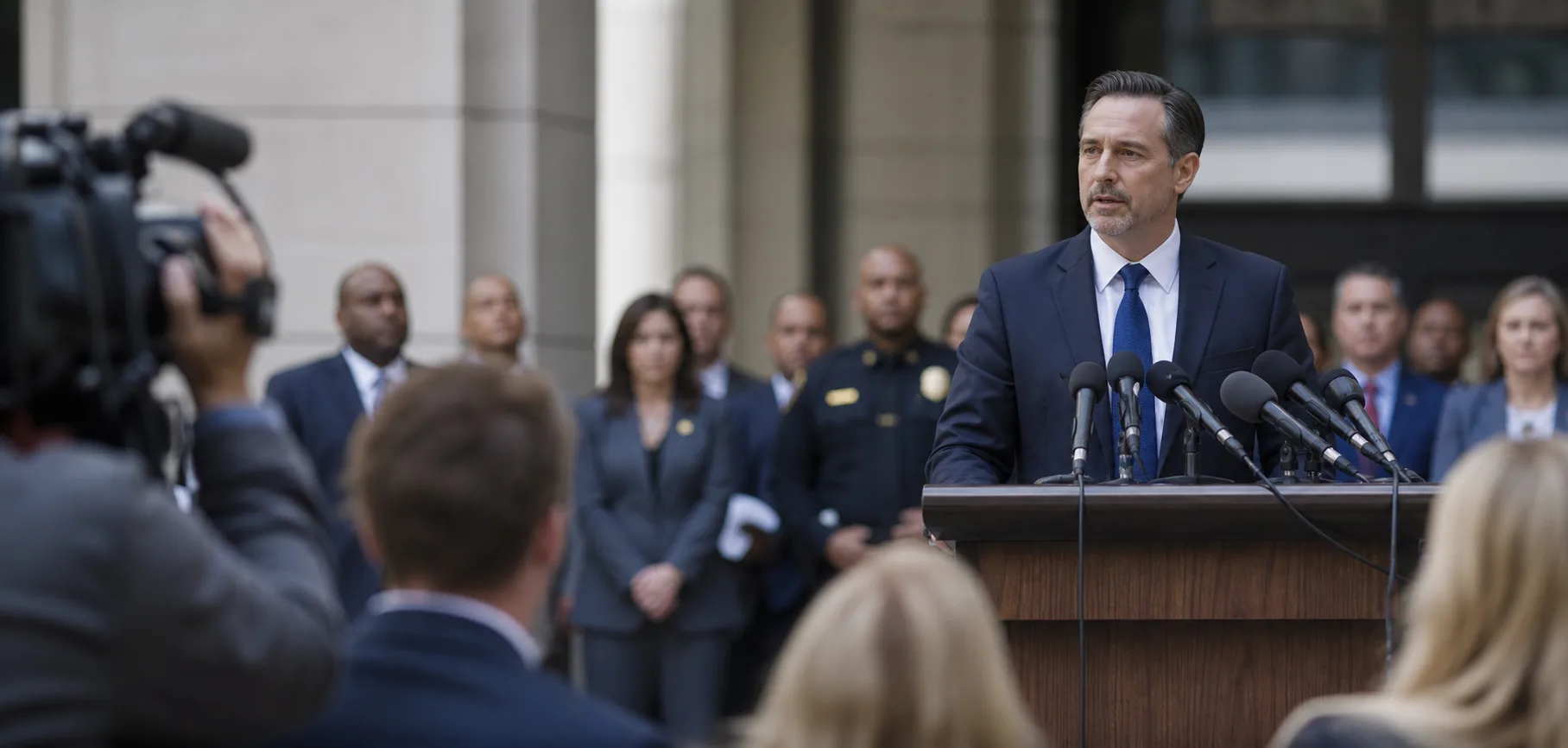 A spokesperson at a podium with multiple microphones taking questions at a press conference