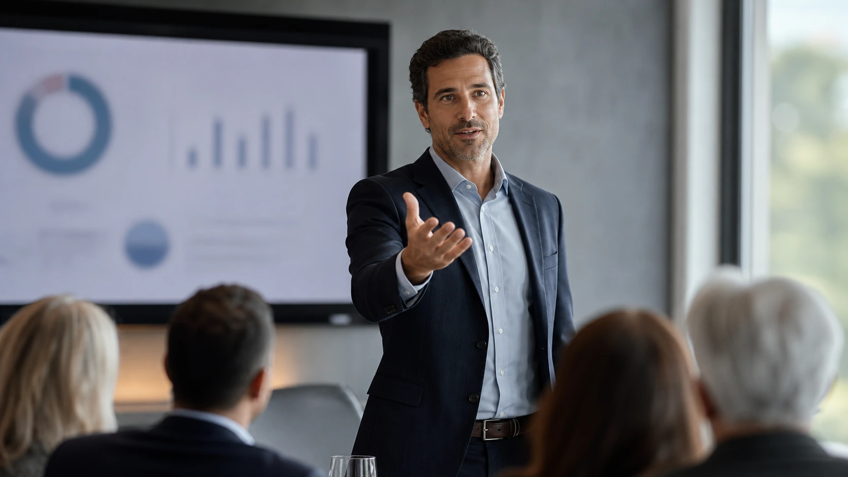 An executive stepping away from a chart-heavy screen to speak directly to colleagues in a meeting room