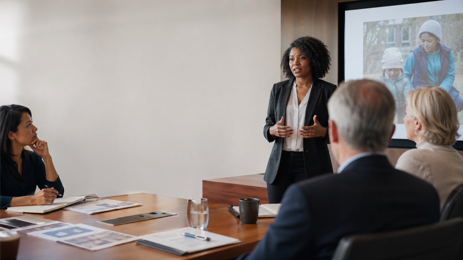 A presenter delivering a program to colleagues with a story on the screen instead of a wall of text