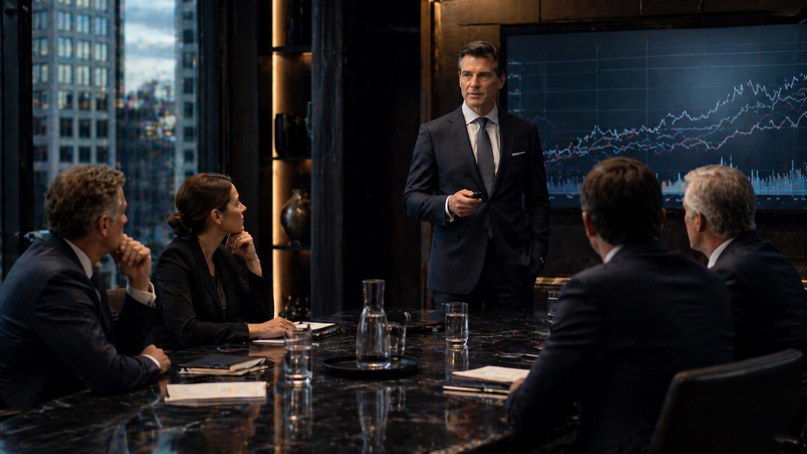 A senior consultant presenting to a small group of decision makers in a New York City boardroom without reading from slides