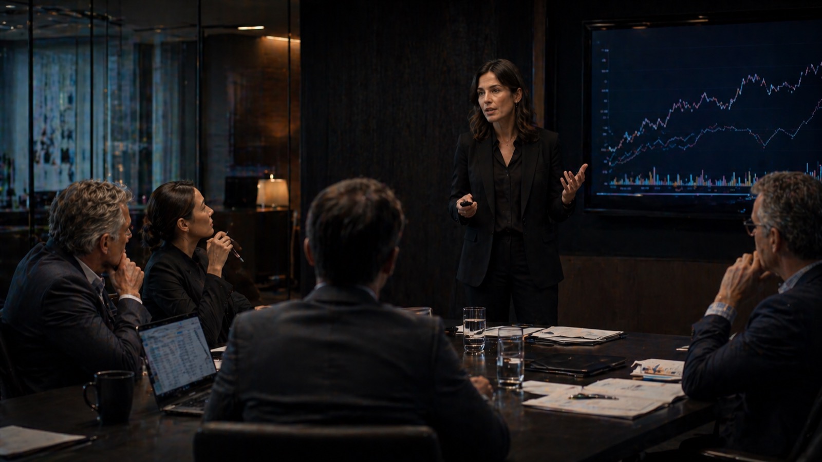 A leader presenting to colleagues in a boardroom, holding the room without a script