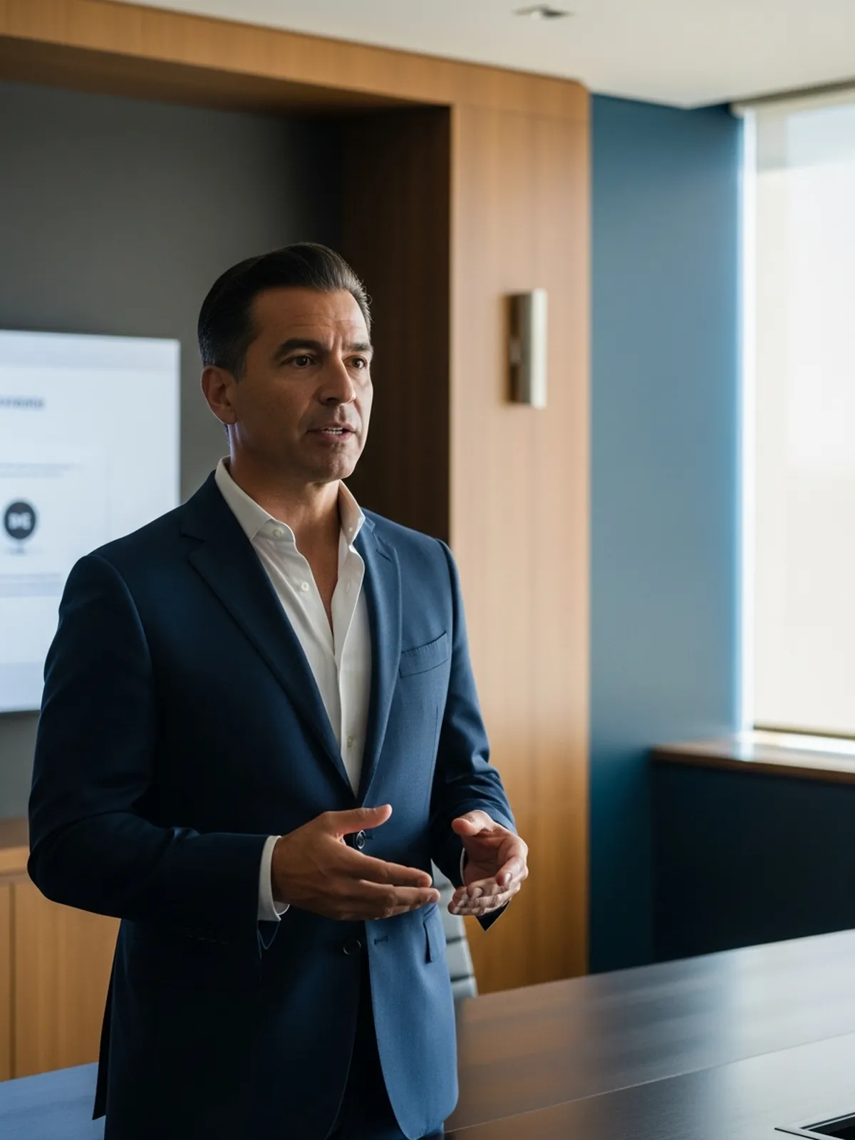 An executive speaking to a room directly, without slides on the screen behind him