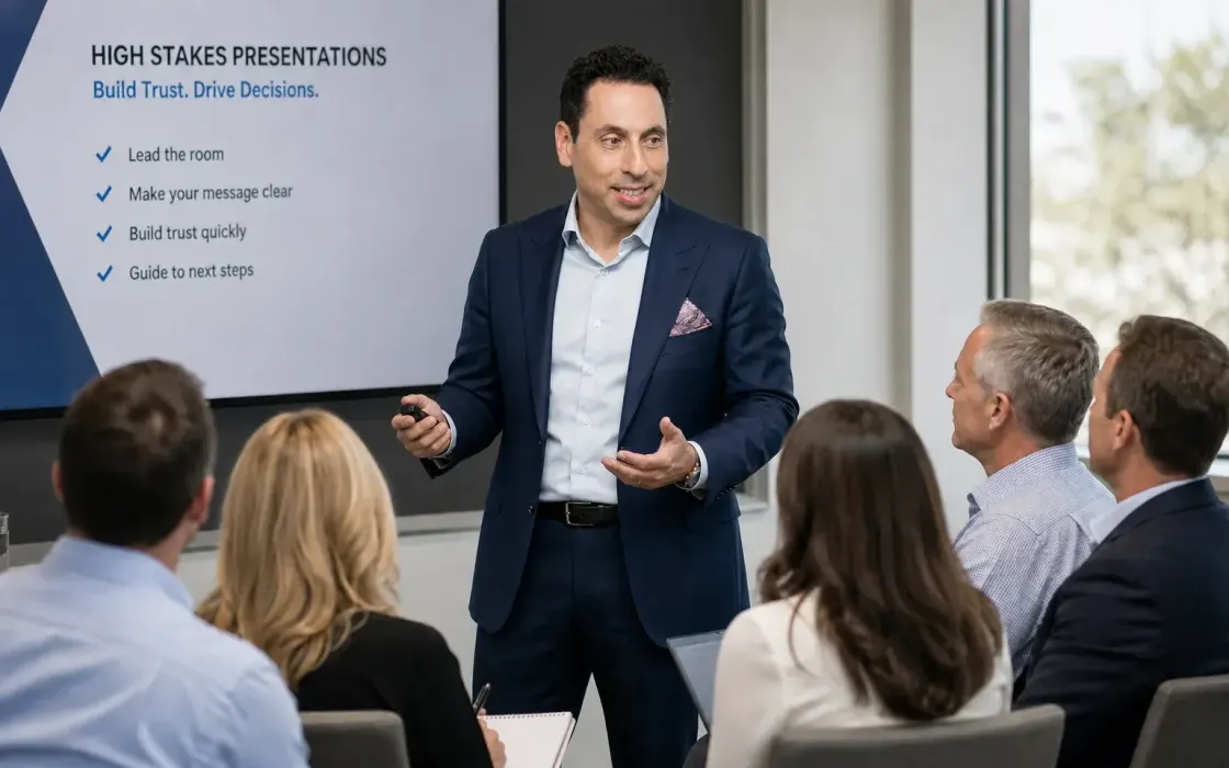 Jess Todtfeld presenting to a leadership team beside a slide titled High Stakes Presentations